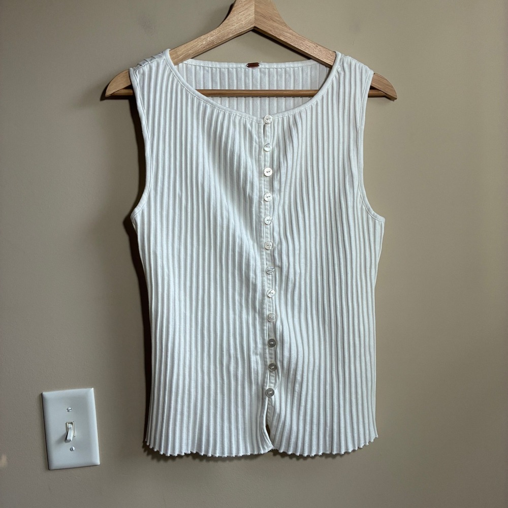 Free People Ribbed Button Front Tank Top M White Womens Cotton Stretch 7215